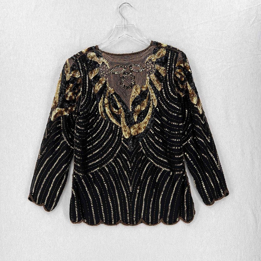 VINTAGE 80s Sequin Top Women Small Black Gold Beaded Silk Party Blouse Disco - Picture 3 of 16